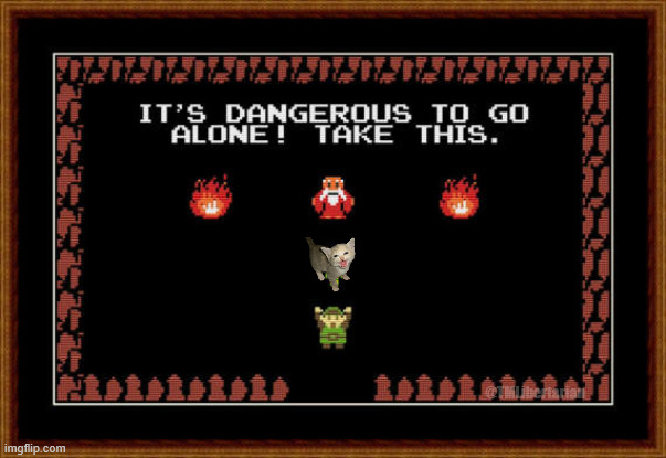 It's dangerous to go alone cat | @TMLibertarian | image tagged in its dangerous to go alone take this,cat,zelda | made w/ Imgflip meme maker