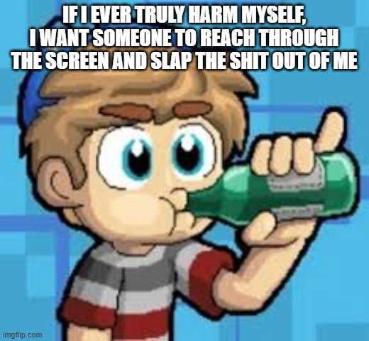 just felt like saying this | if i ever truly harm myself, i want someone to reach through the screen and slap the shit out of me | made w/ Imgflip meme maker