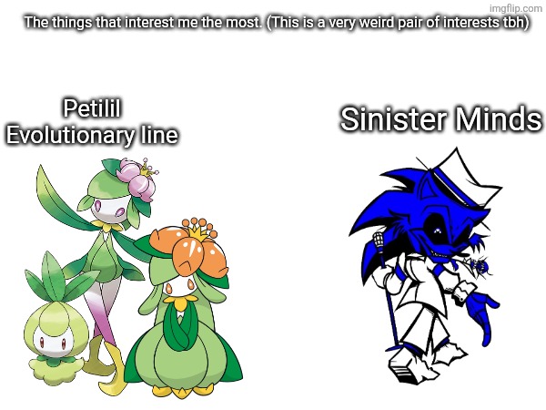 Things that interest me | The things that interest me the most. (This is a very weird pair of interests tbh); Petilil Evolutionary line; Sinister Minds | image tagged in lilly,lilly jr,lilly the lilligant senior,sinister minds | made w/ Imgflip meme maker