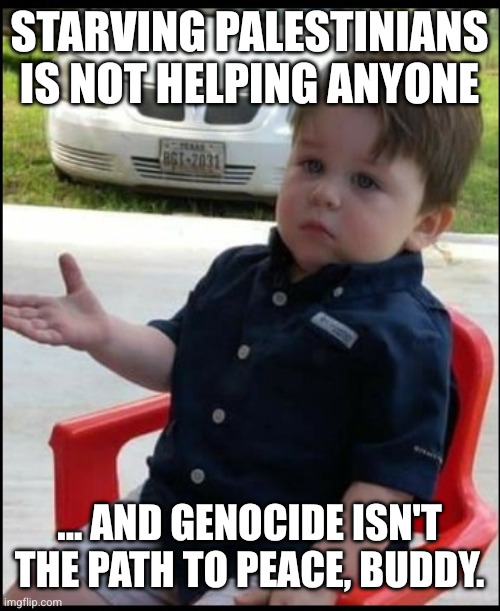 Questioning kid | Starving Palestinians is not helping anyone ... and genocide isn't the path to peace, buddy. | image tagged in questioning kid | made w/ Imgflip meme maker