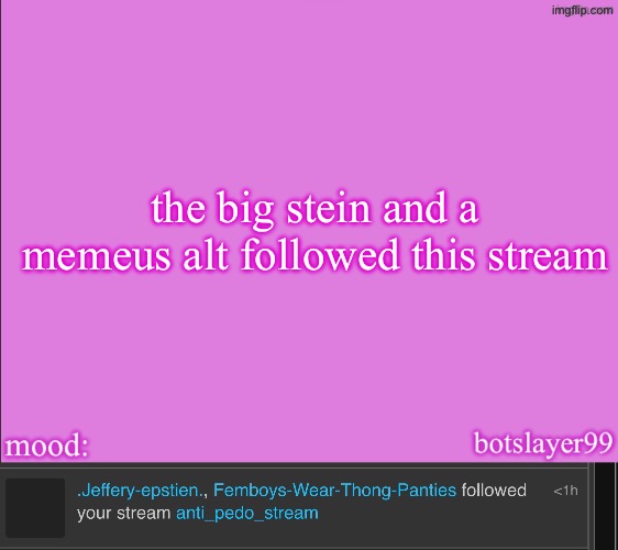the big stein and a memeus alt followed this stream | image tagged in botslayer announcement temp v2 | made w/ Imgflip meme maker