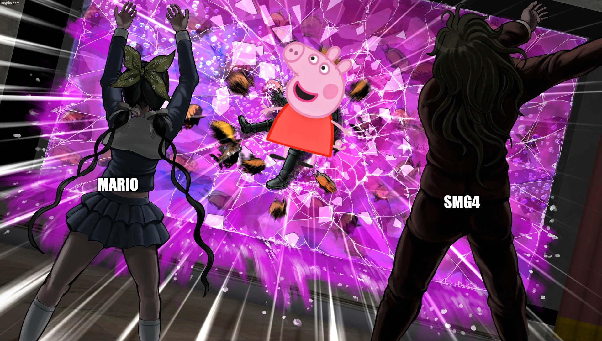 Mario and smg4 throw Peppa pig | Smg4; Mario | image tagged in gonta and tenko throw k1-bo at glass,peppa pig,smg4,super mario bros | made w/ Imgflip meme maker