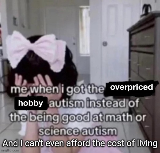Having the overpriced hobby autism is the worst when you can't even afford the cost of living | And I can't even afford the cost of living | image tagged in autism,hobbies,expensive,poverty,life sucks | made w/ Imgflip meme maker
