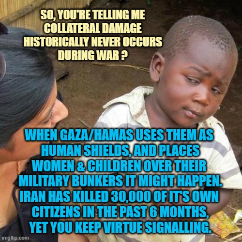 Third World Skeptical Kid Meme | So, you're telling me
collateral damage
historically never occurs
during war ? when Gaza/Hamas uses them as 
human shields, and places
women | image tagged in memes,third world skeptical kid | made w/ Imgflip meme maker