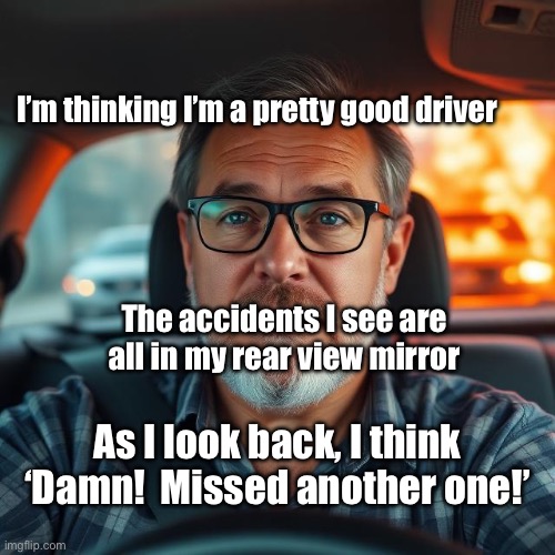 Damn Good Driver | I’m thinking I’m a pretty good driver; The accidents I see are all in my rear view mirror; As I look back, I think ‘Damn!  Missed another one!’ | image tagged in img_9629 jpeg,bad drivers,car accident | made w/ Imgflip meme maker