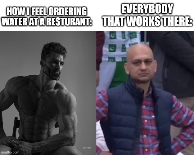 Didn't have to pay anything! | Everybody that works there:; How I feel ordering water at a resturant: | image tagged in giga chad,disapointed guy | made w/ Imgflip meme maker