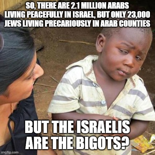 Third World Skeptical Kid Meme | so, there are 2.1 million arabs living peacefully in israel, but only 23,000 jews living precariously in arab counties; but the Israelis are the bigots? | image tagged in memes,third world skeptical kid | made w/ Imgflip meme maker