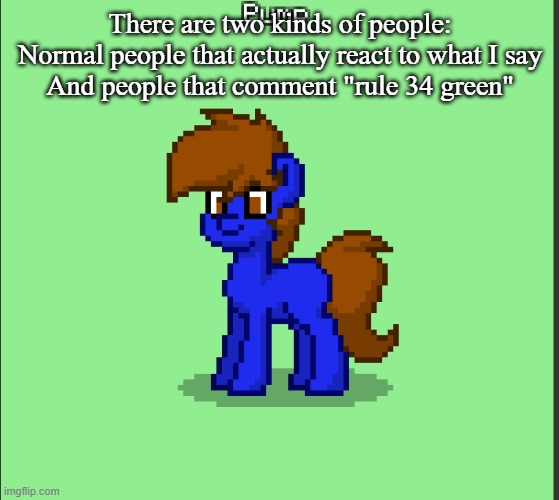 Pony Pump except in Pony Town | There are two kinds of people:
Normal people that actually react to what I say
And people that comment "rule 34 green" | image tagged in pony pump except in pony town | made w/ Imgflip meme maker