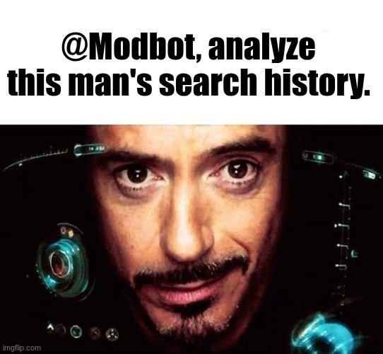 Jarvis Template | @Modbot, analyze this man's search history. | image tagged in jarvis template | made w/ Imgflip meme maker