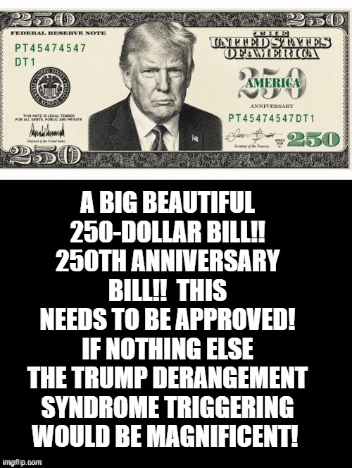 A big beautiful 250-dollar bill!! 250th Anniversary of the USA!! | A big beautiful 250-dollar bill!! 250th anniversary bill!!  This needs to be approved! If nothing else the Trump Derangement Syndrome triggering would be magnificent! | image tagged in oh it's beautiful | made w/ Imgflip meme maker
