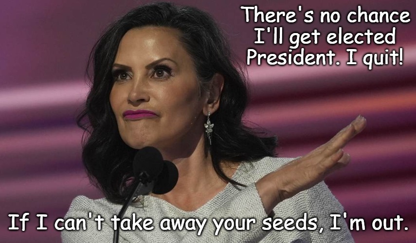 Retchin' Gretchen drops out early, apparently not willing to use porta-johns or get a Nazi Tattoo...So much for the future hope | There's no chance I'll get elected President. I quit! If I can't take away your seeds, I'm out. | image tagged in gretchen whitmer | made w/ Imgflip meme maker