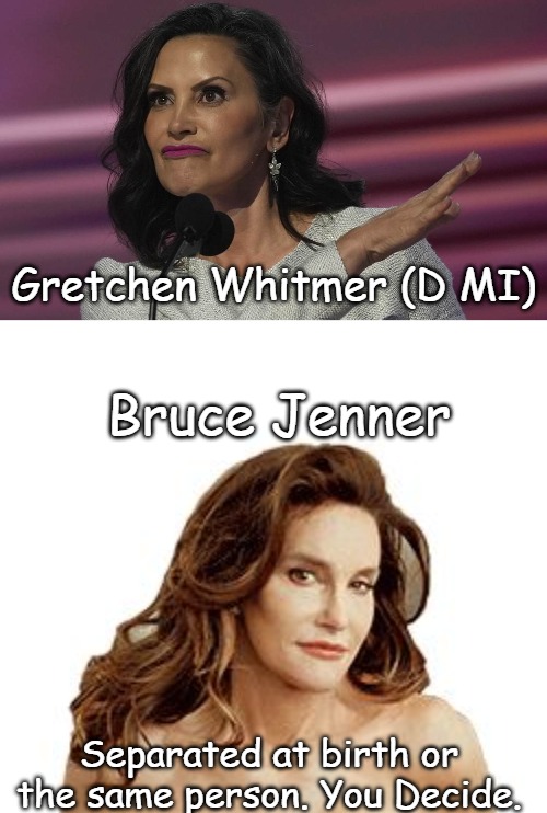There is an artificial resemblance... | Gretchen Whitmer (D MI); Bruce Jenner; Separated at birth or the same person. You Decide. | image tagged in gretchen whitmer,bruce jenner degenerate | made w/ Imgflip meme maker