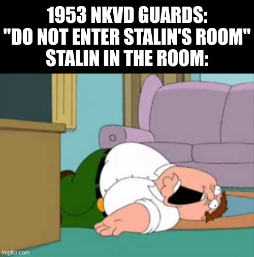 communism | 1953 NKVD Guards: "Do not enter Stalin's room"
Stalin in the room: | image tagged in dead peter griffin,history,communism,cold war,stalin,joseph stalin | made w/ Imgflip meme maker