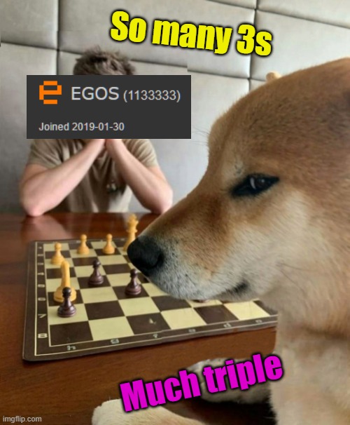 Will do again in 200,000 and 2,200,000 more points | So many 3s; Much triple | image tagged in chess doge,memes,egos,score | made w/ Imgflip meme maker