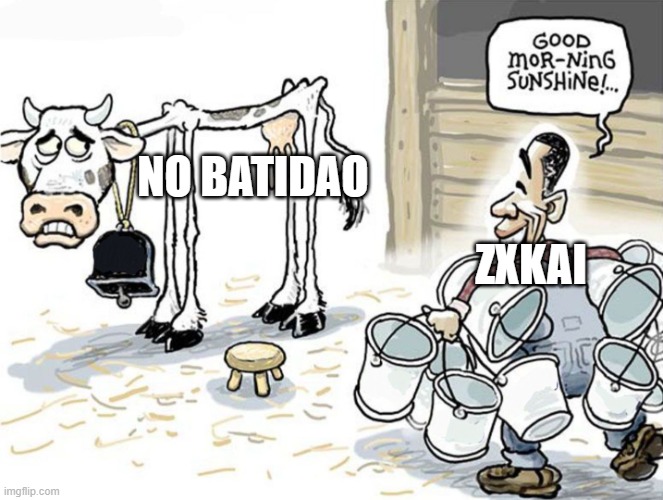dia turun dia naik ahh | no batidao; zxkai | image tagged in milking the cow | made w/ Imgflip meme maker