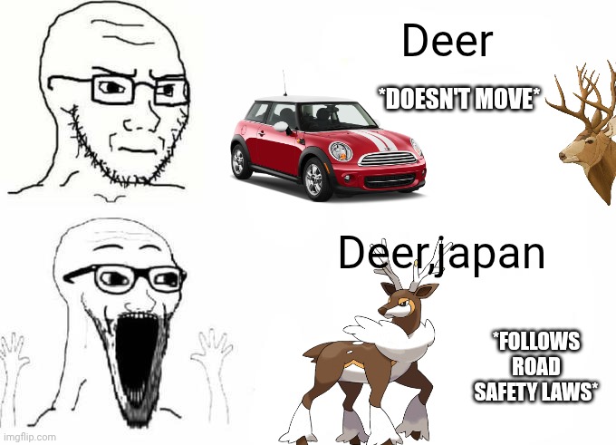 I'm fairly sure I saw a video of a deer waiting for there to be no cars | Deer; *doesn't move*; Deer,japan; *follows road safety laws* | image tagged in place japan template,japan,deer,car | made w/ Imgflip meme maker