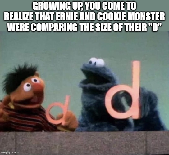 Dirty Sesame Street | Growing up, you come to realize that ernie and cookie monster were comparing the size of their "D" | image tagged in dark humor | made w/ Imgflip meme maker