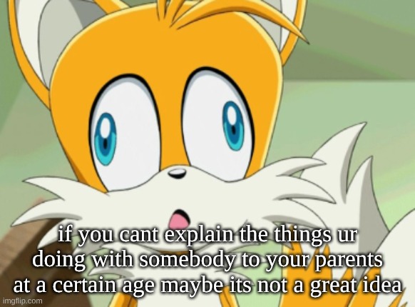 tails derp | if you cant explain the things ur doing with somebody to your parents at a certain age maybe its not a great idea | image tagged in tails derp | made w/ Imgflip meme maker