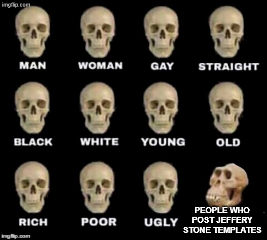 Can these people just stop already? | people who post jeffery stone templates | image tagged in idiot skull | made w/ Imgflip meme maker