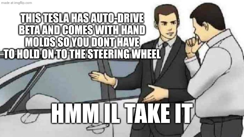 Car Salesman Slaps Roof Of Car Meme | This tesla has auto-drive beta and comes with hand molds so you dont have to hold on to the steering wheel; Hmm il take it | image tagged in memes,car salesman slaps roof of car,tesla,oh wow are you actually reading these tags,never gonna give you up | made w/ Imgflip meme maker