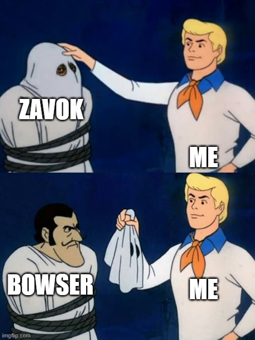 Sonic lost world Zavok identity reveal | Zavok; me; me; Bowser | image tagged in scooby doo mask reveal | made w/ Imgflip meme maker