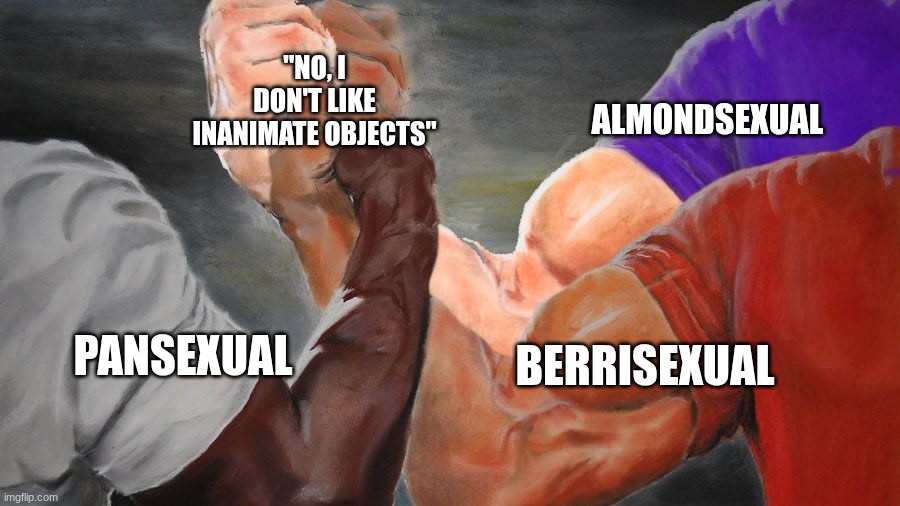 Anyone else or just the 3 of us | "No, I don't like inanimate objects"; Almondsexual; Berrisexual; Pansexual | image tagged in epic handshake three way | made w/ Imgflip meme maker