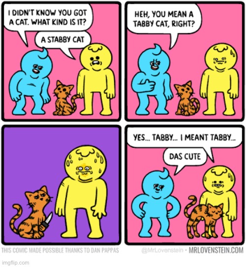 Stabby cat | image tagged in comics,mr lovenstein,cats,stabby,knife,cute | made w/ Imgflip meme maker