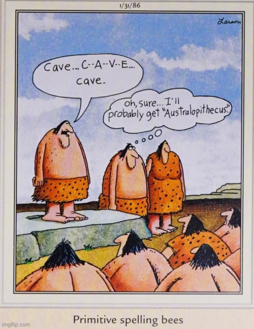 He shouldn’t have a problem winning | image tagged in the far side,comics,prehistoric,cavemen,spelling bee,primitive | made w/ Imgflip meme maker