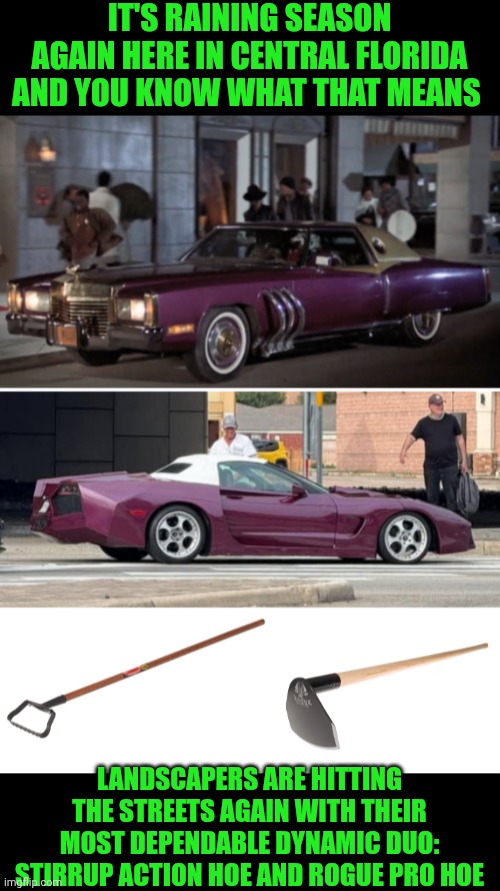 Funny | It's raining season again here in central Florida and you know what that means; Landscapers are hitting the streets again with their most dependable dynamic duo:
stirrup action hoe and rogue pro hoe | image tagged in funny,meanwhile in florida,raining,season,landscape,hoes | made w/ Imgflip meme maker