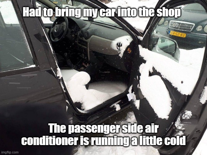 Artic AC | Had to bring my car into the shop; The passenger side air conditioner is running a little cold | image tagged in air conditioner,cars,cold,mechanic | made w/ Imgflip meme maker