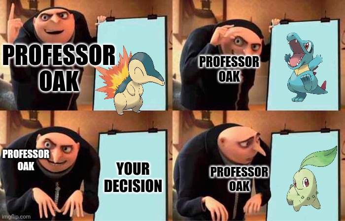 POV Choosing a johto starter be like | Professor oak; Professor oak; Professor oak; Your Decision; Professor Oak | image tagged in memes,gru's plan | made w/ Imgflip meme maker