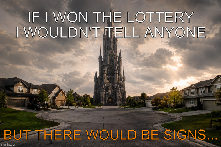 Lottery would be signs | If I won the lottery i wouldn't tell anyone; But there would be signs... | image tagged in castle cul de sac narrow png | made w/ Imgflip meme maker