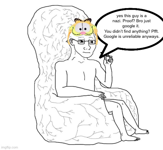 big brain wojak | yes this guy is a nazi. Proof? Bro just google it. 
You didn’t find anything? Pfft. Google is unreliable anyways. | image tagged in big brain wojak | made w/ Imgflip meme maker