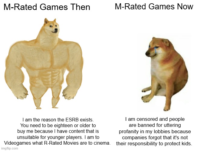 Buff Doge vs. Cheems Meme | M-Rated Games Then; M-Rated Games Now; I am the reason the ESRB exists. You need to be eighteen or older to buy me because I have content that is unsuitable for younger players. I am to Videogames what R-Rated Movies are to cinema. I am censored and people are banned for uttering profanity in my lobbies because companies forgot that it's not their responsibility to protect kids. | image tagged in memes,buff doge vs cheems | made w/ Imgflip meme maker