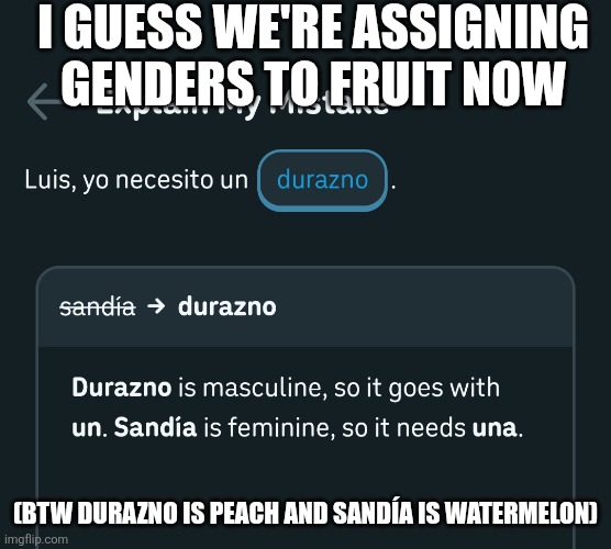 Spanish is strange | I guess we're assigning genders to fruit now; (btw durazno is peach and sandía is watermelon) | image tagged in screenshot_20260528-221511 png | made w/ Imgflip meme maker