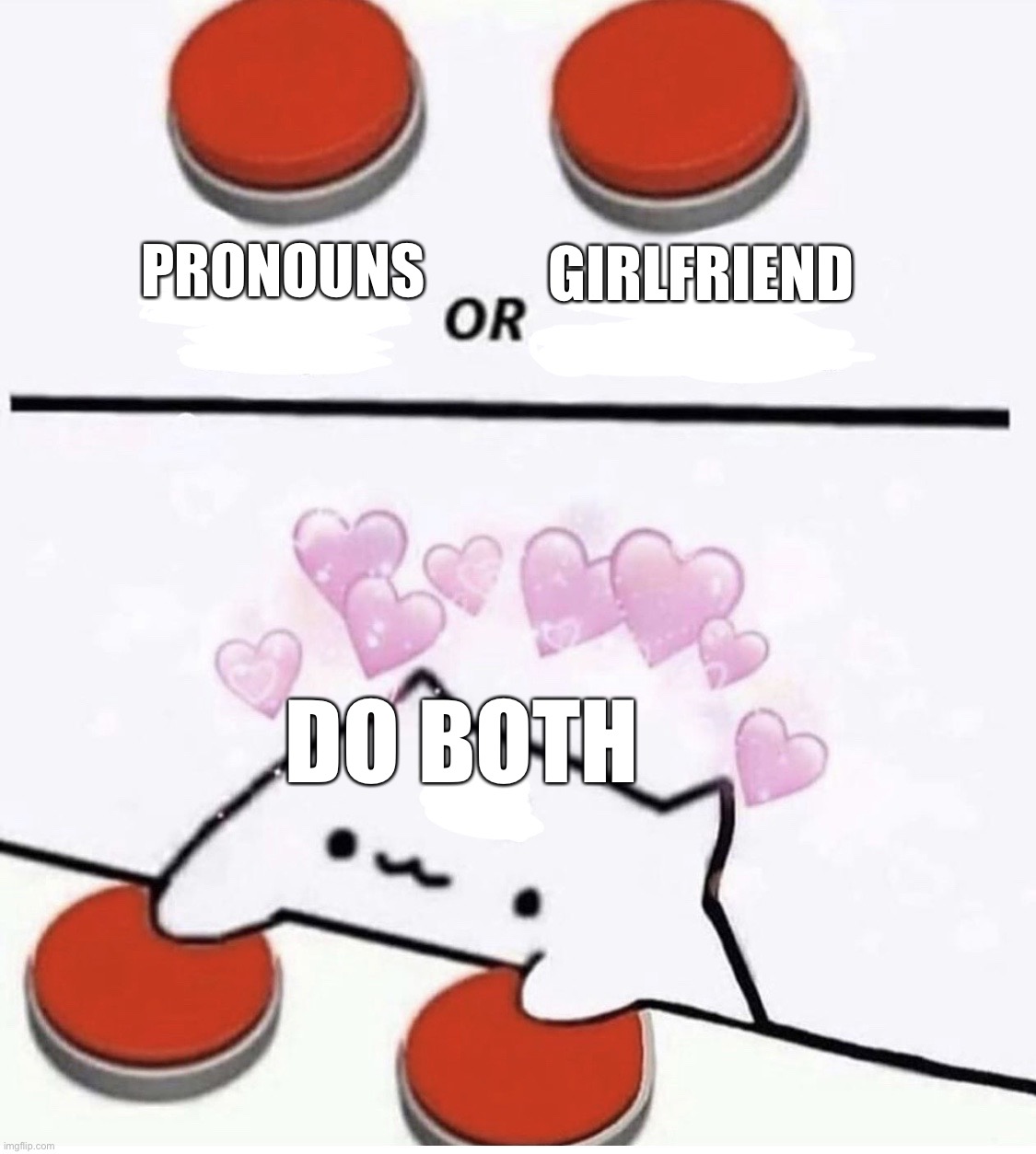 Cat pressing two buttons | Pronouns Girlfriend Do both | image tagged in cat pressing two buttons | made w/ Imgflip meme maker