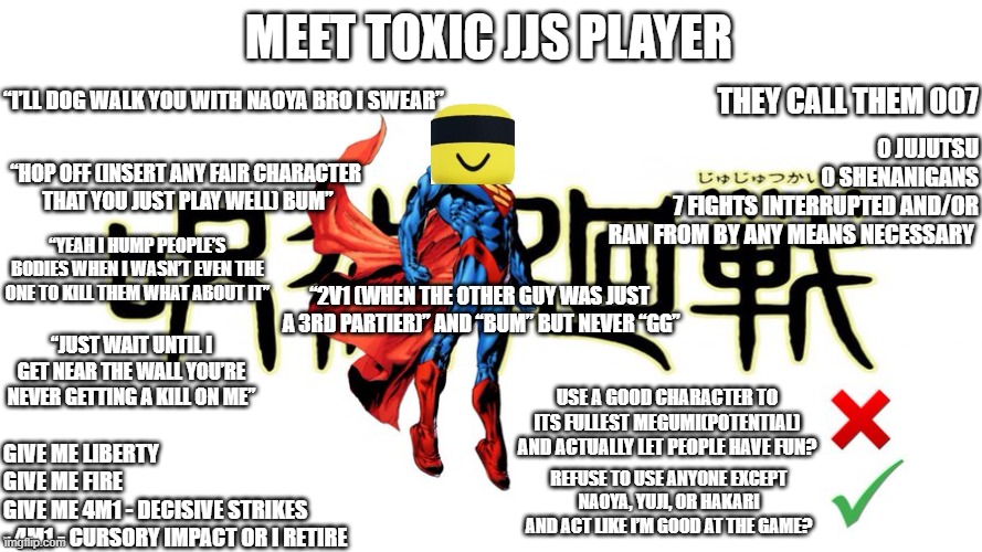Toxic JJS Player | Meet Toxic jjs player; “i’ll dog walk you with naoya bro i swear”; They call them 007; 0 jujutsu
0 shenanigans
7 fights interrupted and/or
ran from by any means necessary; “hop off (insert any fair character
 that you just play well) bum”; “yeah i hump people’s bodies when i wasn’t even the one to kill them what about it”; “2v1 (when the other guy was just
 a 3rd partier)” and “bum” but never “gg”; “just wait until i get near the wall you’re never getting a kill on me”; use a good character to its fullest megumi(potential) and actually let people have fun? give me liberty
give me fire
give me 4m1 - decisive strikes 
- 4m1 - cursory impact or i retire; refuse to use anyone except naoya, yuji, or hakari and act like i’m good at the game? | image tagged in potential man blank | made w/ Imgflip meme maker