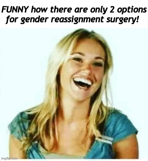 Deep Thought? | FUNNY how there are only 2 options
for gender reassignment surgery! | image tagged in 2 genders,male female,think about it,political humor,hmmm,men and women | made w/ Imgflip meme maker
