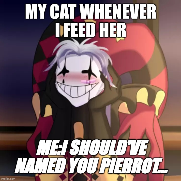 My cat be like | My cat whenever I feed her; Me:I should've named you Pierrot... | image tagged in peirrot | made w/ Imgflip meme maker