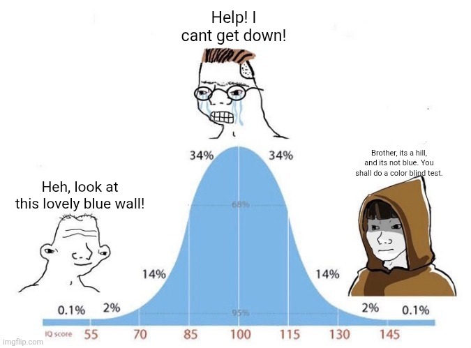 Bell Curve | Help! I cant get down! Brother, its a hill, and its not blue. You shall do a color blind test. Heh, look at this lovely blue wall! | image tagged in bell curve | made w/ Imgflip meme maker
