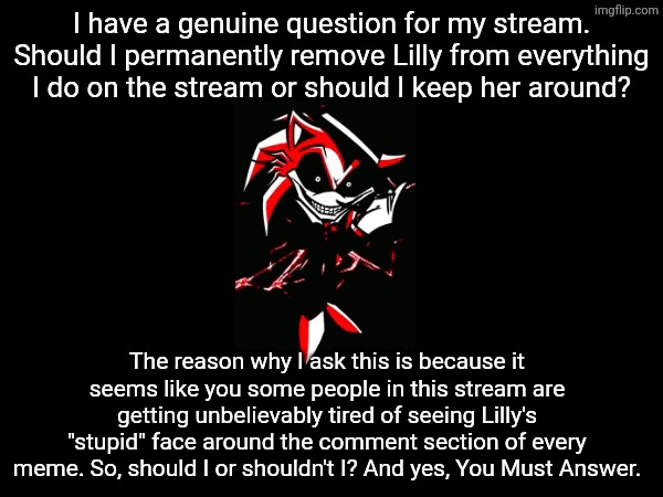 Should I or shouldn't I? | I have a genuine question for my stream. Should I permanently remove Lilly from everything I do on the stream or should I keep her around? The reason why I ask this is because it seems like you some people in this stream are getting unbelievably tired of seeing Lilly's "stupid" face around the comment section of every meme. So, should I or shouldn't I? And yes, You Must Answer. | image tagged in lilly,sinister minds,i'm asking a genuine question | made w/ Imgflip meme maker