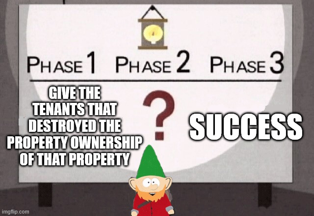 Underpants Gnomes | Give the tenants that destroyed the property ownership of that property Success | image tagged in underpants gnomes | made w/ Imgflip meme maker