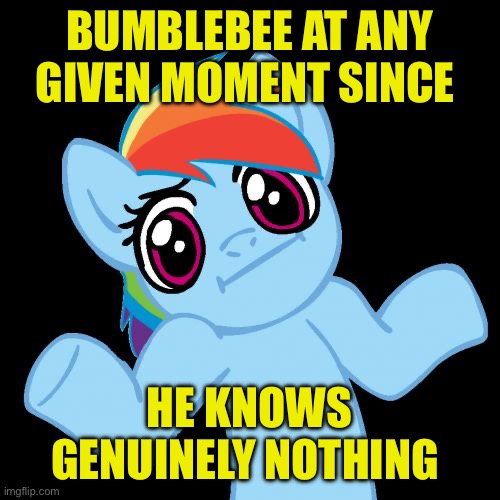 TF fic meme | Bumblebee at any given moment since; He knows genuinely nothing | image tagged in memes,pony shrugs | made w/ Imgflip meme maker