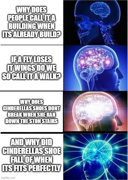 Expanding Brain | why does people call it a building when its already build? if a fly loses it wings do we so call it a walk? why does cinderellas shoes dont break when she ran down the ston stairs; and why did cinderellas shoe fall of when its fits perfectly | image tagged in memes,expanding brain | made w/ Imgflip meme maker