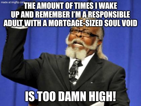 THE AMOUNT OF TIMES I WAKE UP AND REMEMBER I’M A RESPONSIBLE ADULT WITH A MORTGAGE-SIZED SOUL VOID; IS TOO DAMN HIGH! | THE AMOUNT OF TIMES I WAKE UP AND REMEMBER I’M A RESPONSIBLE ADULT WITH A MORTGAGE-SIZED SOUL VOID; IS TOO DAMN HIGH! | image tagged in memes,too damn high,void,debt,responsibility,adulting | made w/ Imgflip meme maker
