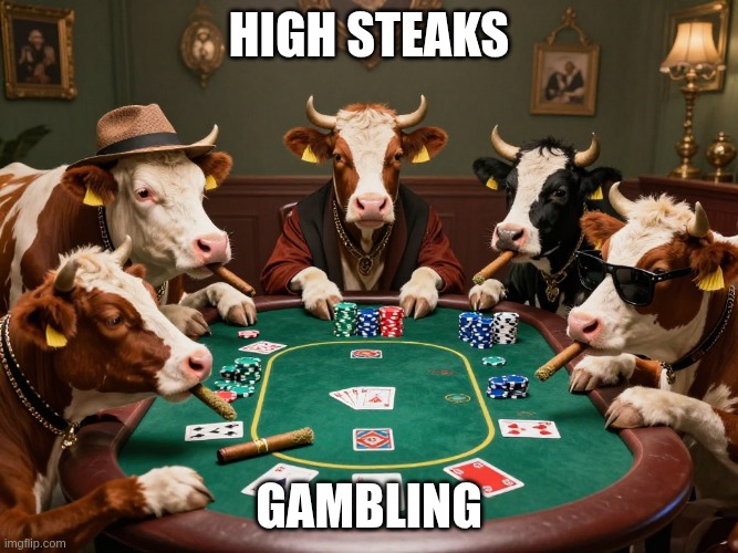 High Steaks Gambling | High Steaks; Gambling | image tagged in gamble,cow,funny | made w/ Imgflip meme maker