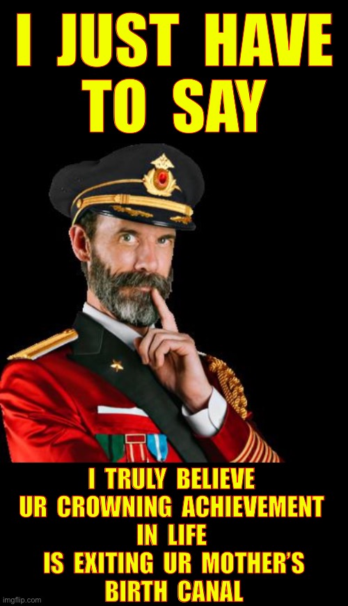 OOOH . . . THAT STINGS !!!  : ) | I  JUST  HAVE 
TO  SAY; I  TRULY  BELIEVE 
UR  CROWNING  ACHIEVEMENT 
IN  LIFE 
IS  EXITING  UR  MOTHER’S
BIRTH  CANAL | image tagged in captain obvious reversed,burn,asshole | made w/ Imgflip meme maker
