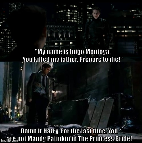 Harry is a fan of The Princess Bride | "My name is Inigo Montoya. You killed my father. Prepare to die!"; Damn it,Harry. For the last time. You are not Mandy Patinkin in The Princess Bride! | image tagged in spiderman 3,the princess bride | made w/ Imgflip meme maker