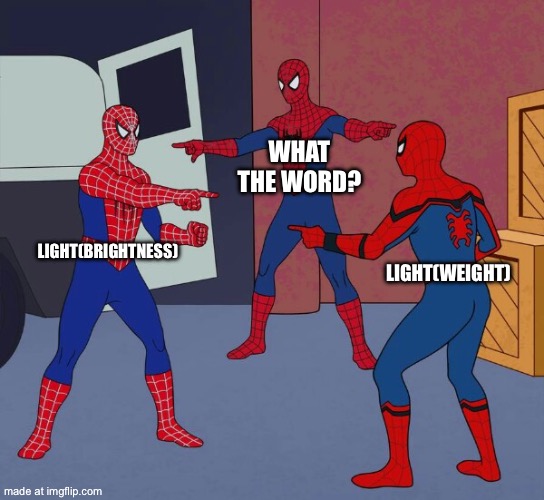 Spider Man Triple | What the word? Light(brightness); Light(weight) | image tagged in spider man triple | made w/ Imgflip meme maker