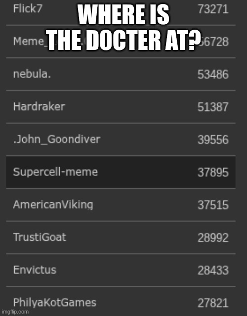 did he take a break? | where is the d0cter at? | image tagged in flick7,supercellmeme,philyakotgames | made w/ Imgflip meme maker